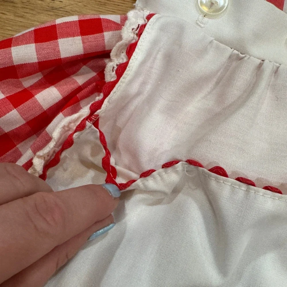 Vintage 90s Red Gingham Baby Dress w Detachable Apron Lace Trim Red White 12-18M